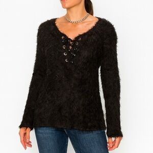 🆕 JOSEPH RIBKOFF Top Tie Tunic Faux Fur/Fluffy Fabric Personalty Piece Black 18